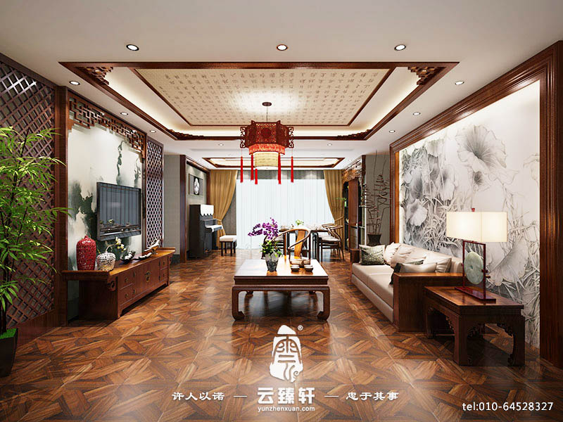 中式客廳鏤空木格紋背景墻裝修設計
