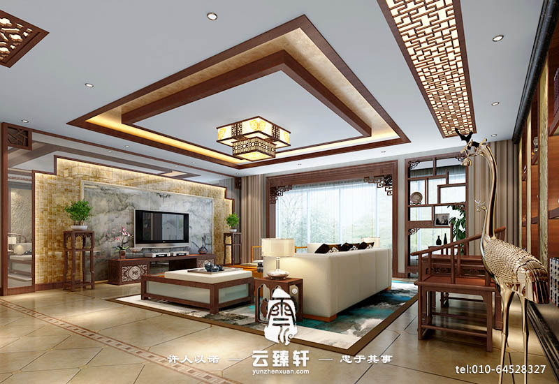 中式設計客廳彩繪立體背景墻效果圖2