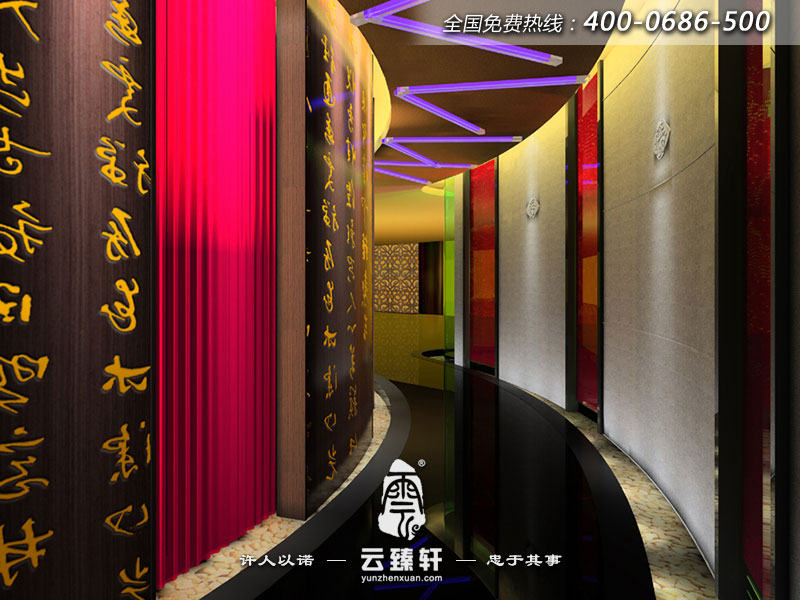 KTV二樓走道裝修設計的相對活躍,色彩鮮明